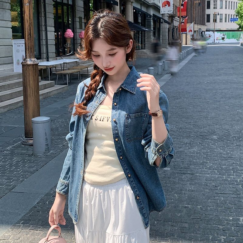 여성 데일리 캐주얼 슬림핏 트라이아세테이트 베이직 카라 롱슬리브 셔츠 남방 루즈핏 아우터 간절기 코디용 상의 - 상세 이미지 3