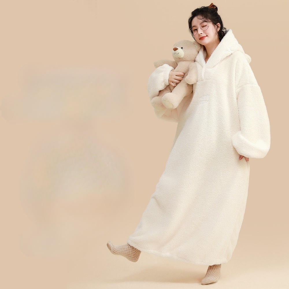 입는담요 롱후드담요 겨울 따뜻하고 포근한 플란넬 플리스 극세사 셰르파 안감 부드러운 - 상품 이미지