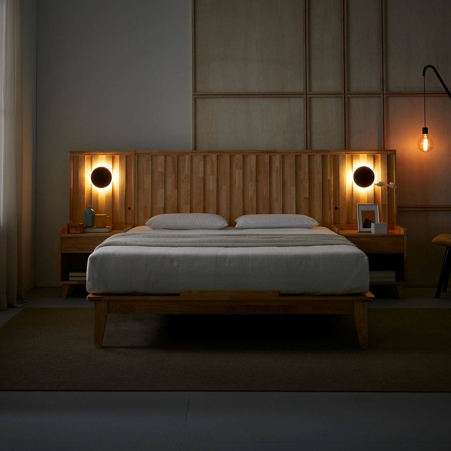 오로라 호텔식 평상형 LED 원목 침대프레임 슈퍼싱글, 내추럴