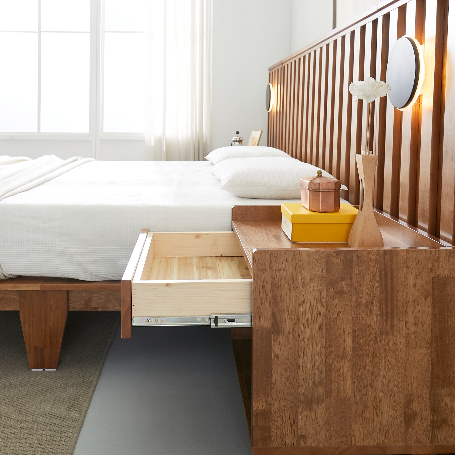 오로라 호텔식 평상형 LED 원목 침대프레임 슈퍼싱글, 월넛