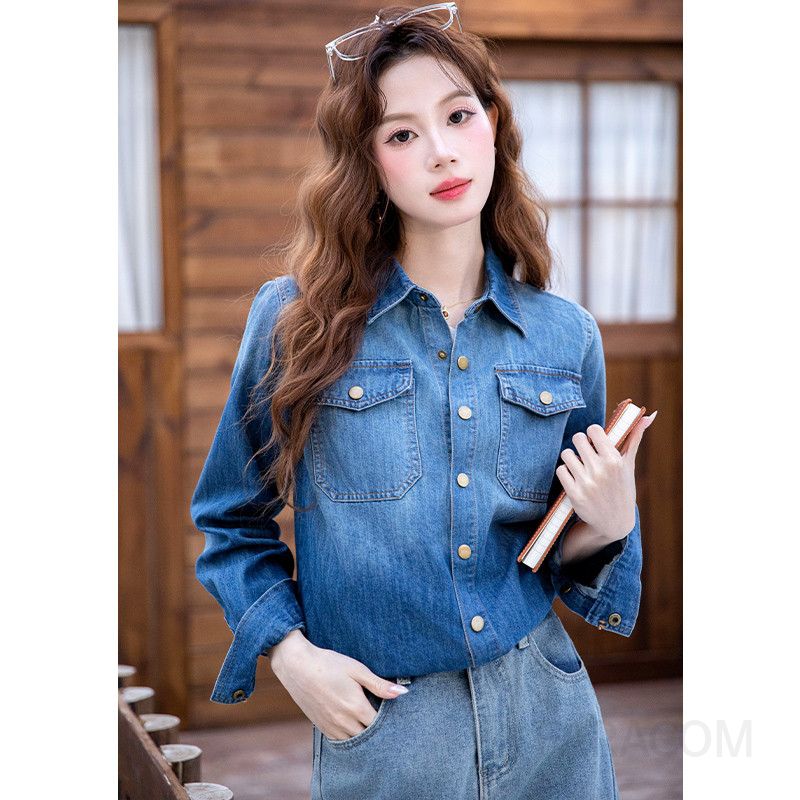 여성 캐주얼 슬림핏 트리아세테이트 데님라이크 버튼 포켓 긴팔 셔츠 블라우스 오피스룩 출근룩 데일리 유니크 베이직 남방 - 상세 이미지 2