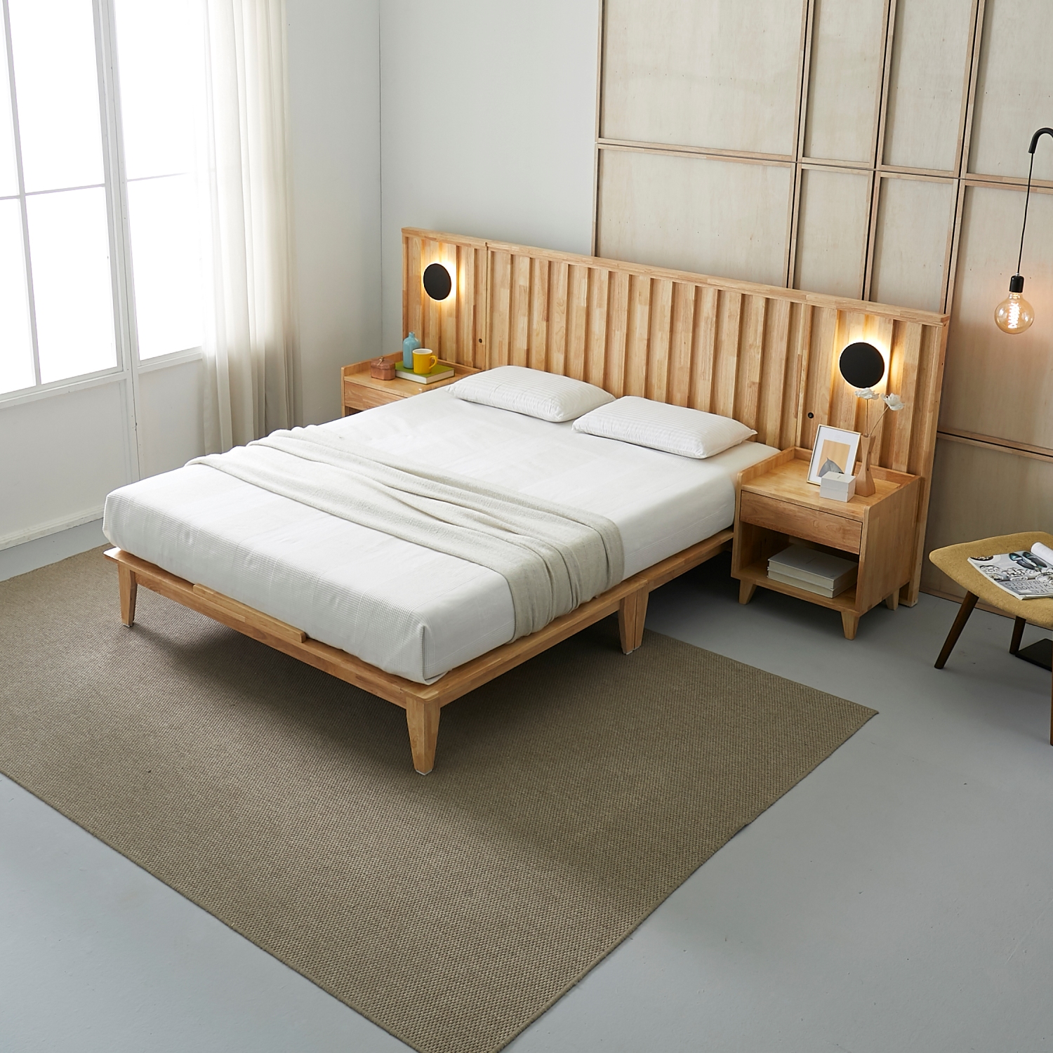 오로라 호텔식 평상형 LED 원목 침대프레임 슈퍼싱글, 내추럴