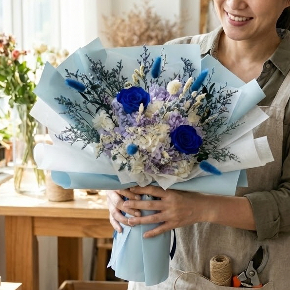 드라이플라워 프리저브드플라워 졸업식 꽃다발 미니에센셜 꽃선물 시들지않는꽃 파랑장미수국