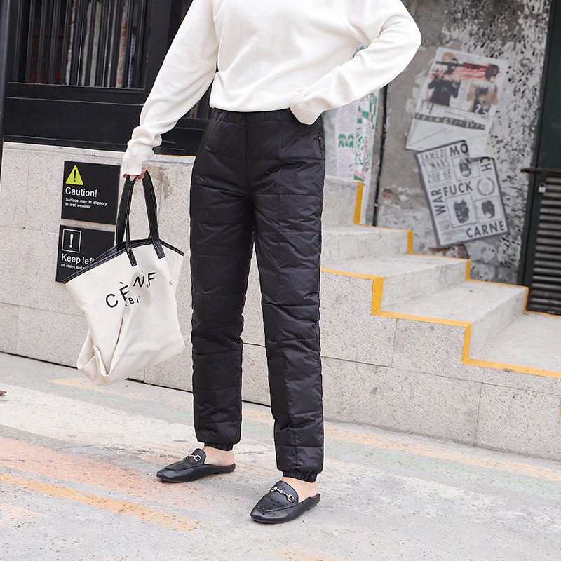 여성 오리털 패딩 바지 중장년 할머니 겨울 따뜻한 극강 방한 루즈핏 빅사이즈 편안한 밴딩 - 상세 이미지 4