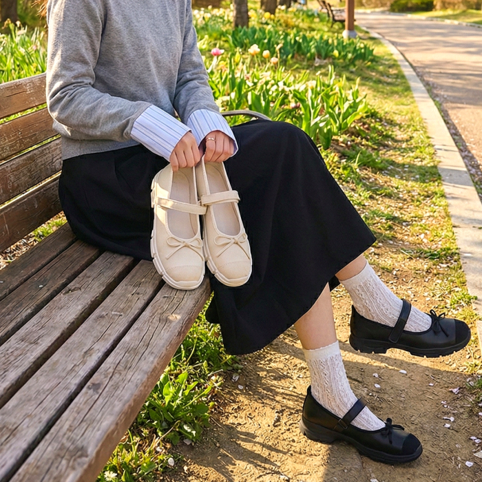 메리제인 스니커즈 5cm 키높이 리본 여성 통굽 발레코어 운동화