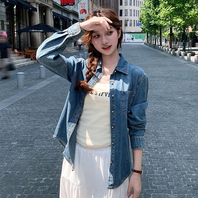 여성 데일리 캐주얼 슬림핏 트라이아세테이트 베이직 카라 롱슬리브 셔츠 남방 루즈핏 아우터 간절기 코디용 상의 - 상세 이미지 2
