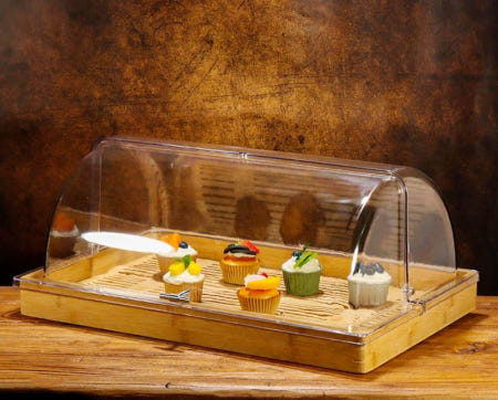 [해외]빵 쇼케이스 디저트 투명 카페 보관 덮개 플레이팅 쟁반 디저트접시 돔뚜껑 대나무 원목 40x30x5.8cm A