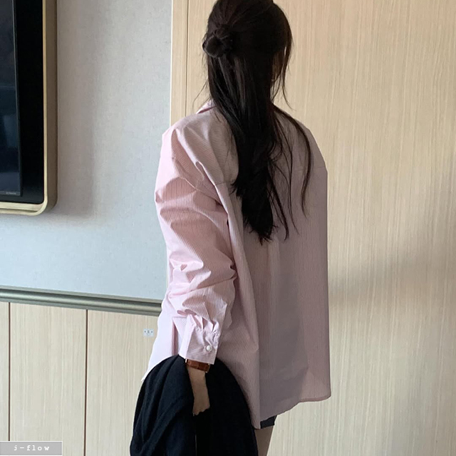 몰디 스트라이프 오버핏 하프 셔츠 2col 겨울 봄 루즈핏 카라 단가라 코튼 제이플로우 - 상세 이미지 3