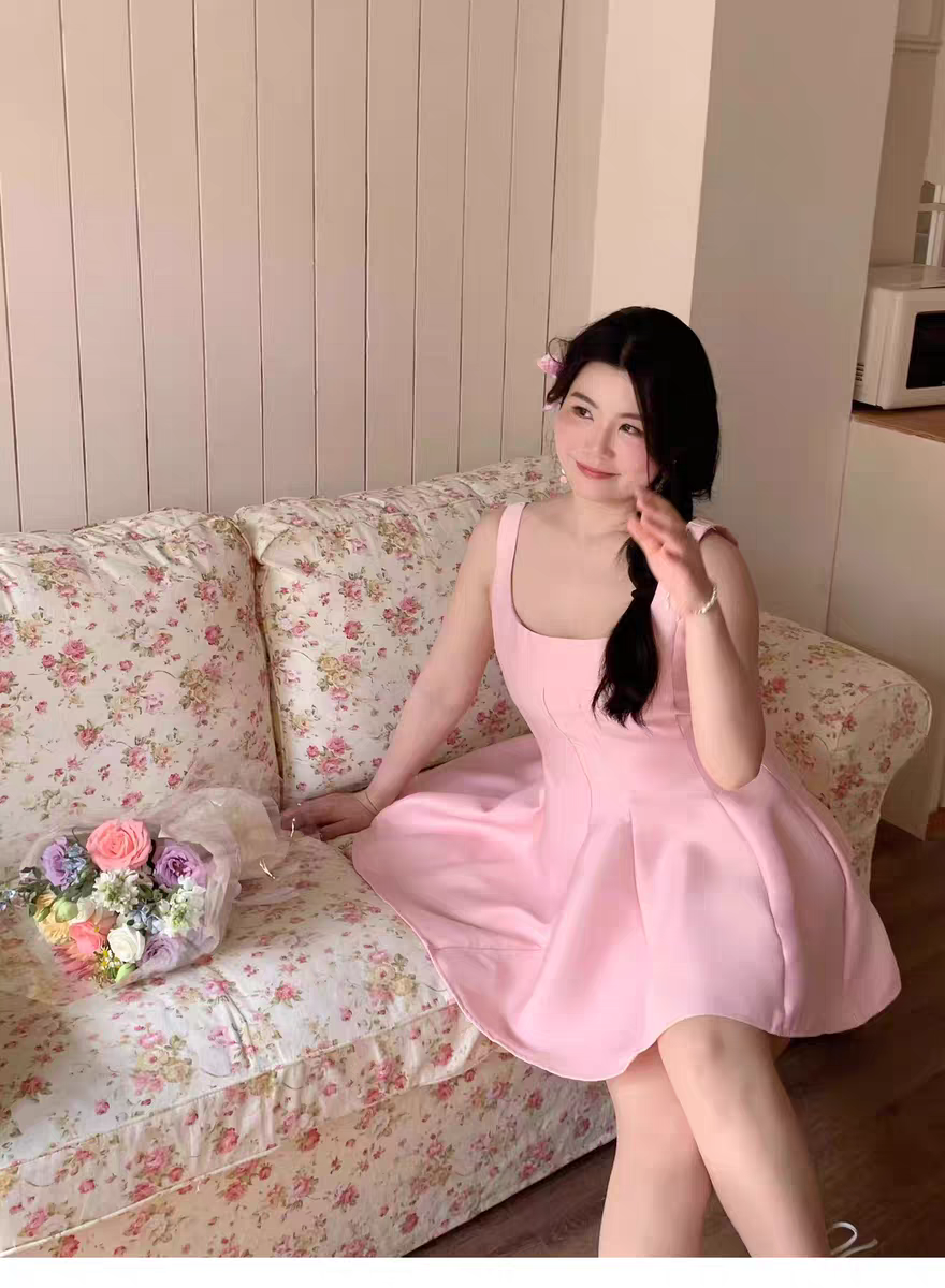 빅사이즈 플레어 미니 원피스 핑크 아이보리 하객룩 셀프웨딩 스튜디오 촬영 파티 드레스 이미지 7