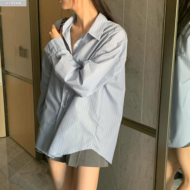 몰디 스트라이프 오버핏 하프 셔츠 2col 겨울 봄 루즈핏 카라 단가라 코튼 제이플로우 - 상세 이미지 4