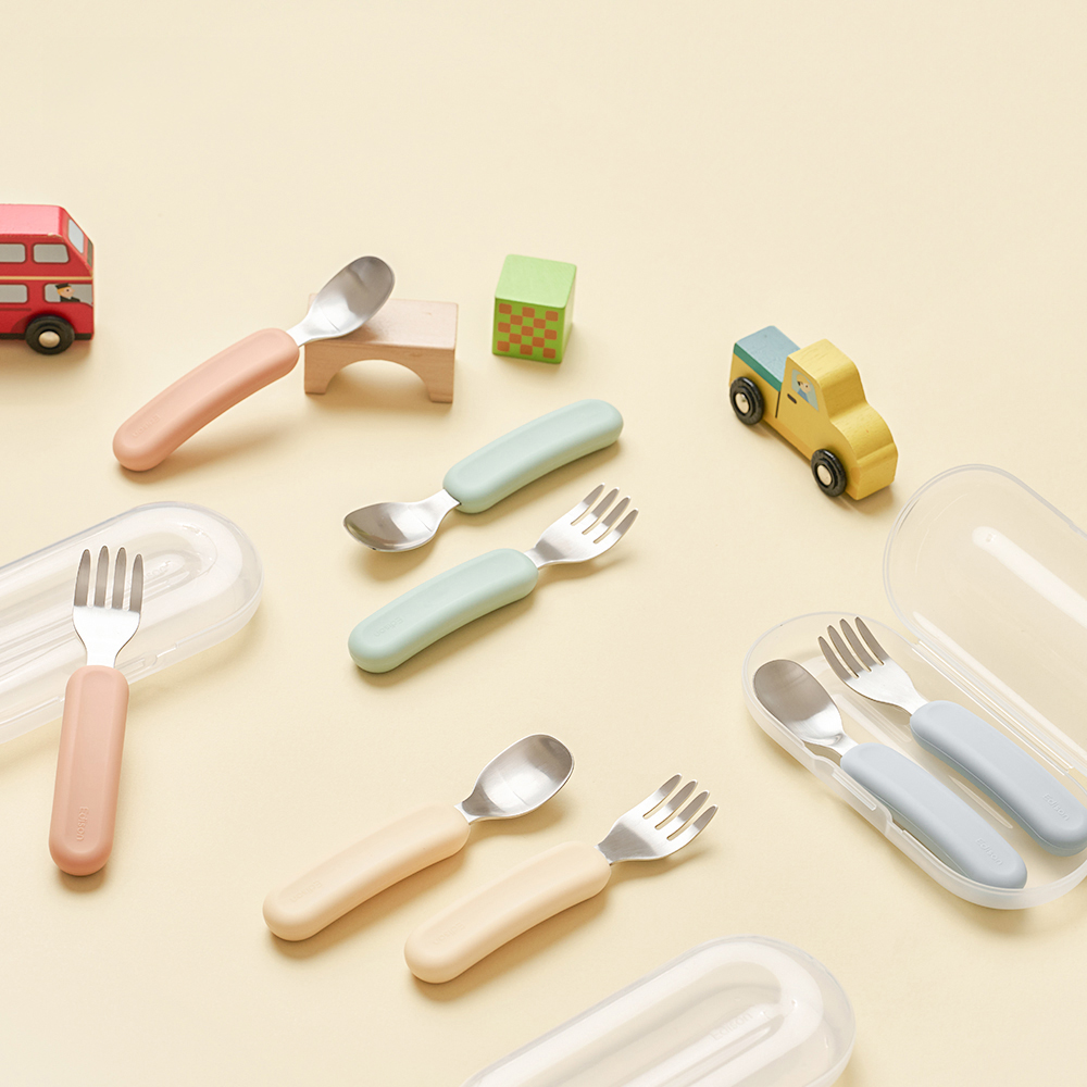 에디슨 이지그립 실리콘 스푼 포크 케이스 세트 인펀트 베이비 18개월 자기주도 이유식준비물 제품 이미지