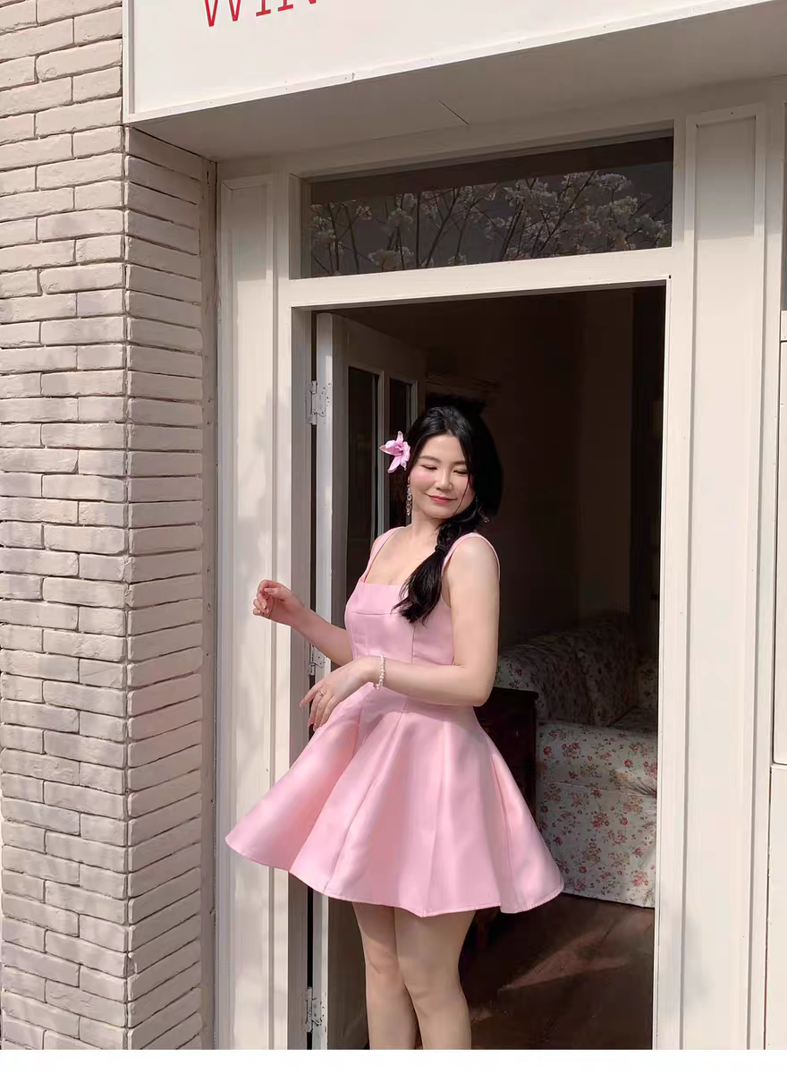 빅사이즈 플레어 미니 원피스 핑크 아이보리 하객룩 셀프웨딩 스튜디오 촬영 파티 드레스 - 상세 이미지 3