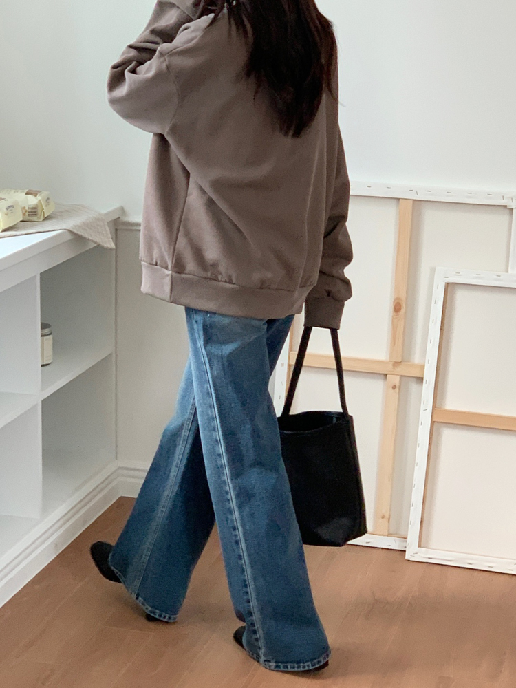 겨울 빈티지 워싱 하이웨스트 세미 부츠컷 청바지 진청 데님 팬츠 여성 기모 청바지 진청바지 - 상세 이미지 5