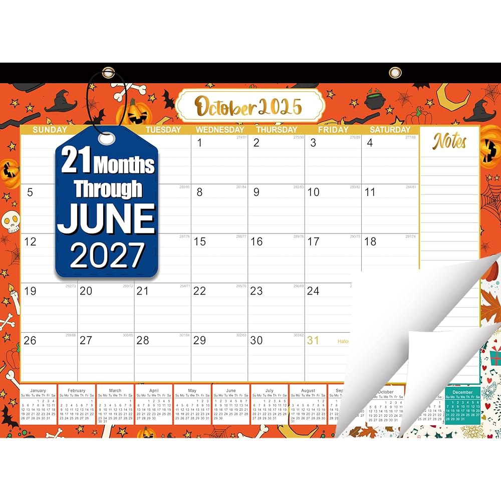 책상 달력 2026-2027, 2025년 10월 21개월 두꺼운 책상/벽걸이 쉬운 30.5cm(17 12인치) 및 적합, 공간, 43.2 x 학교 6월, 월간 - 정리 플라스틱 - 상품 이미지