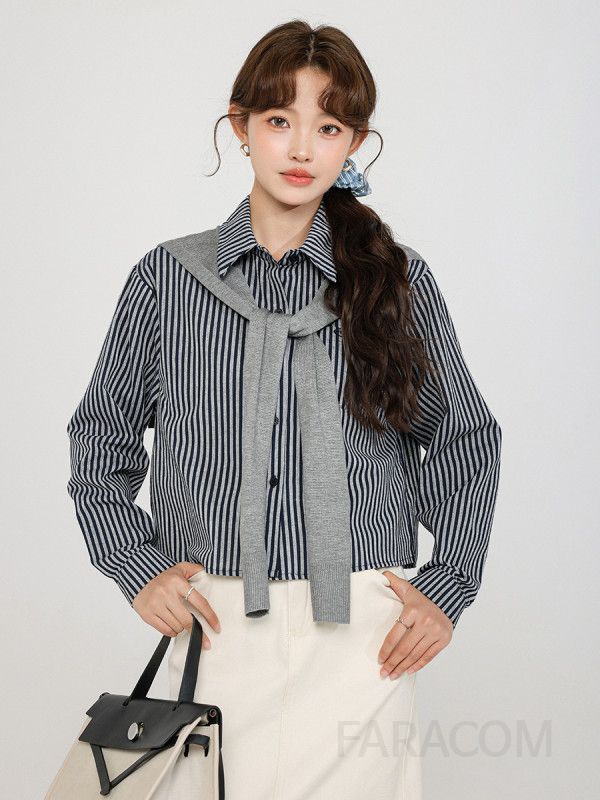 여성 캐주얼 데일리무드 세로 스트라이프 셔츠 카라 넥 라인 긴팔 크롭 블라우스 오피스룩 직장인룩 하객룩 코디 - 상세 이미지 3