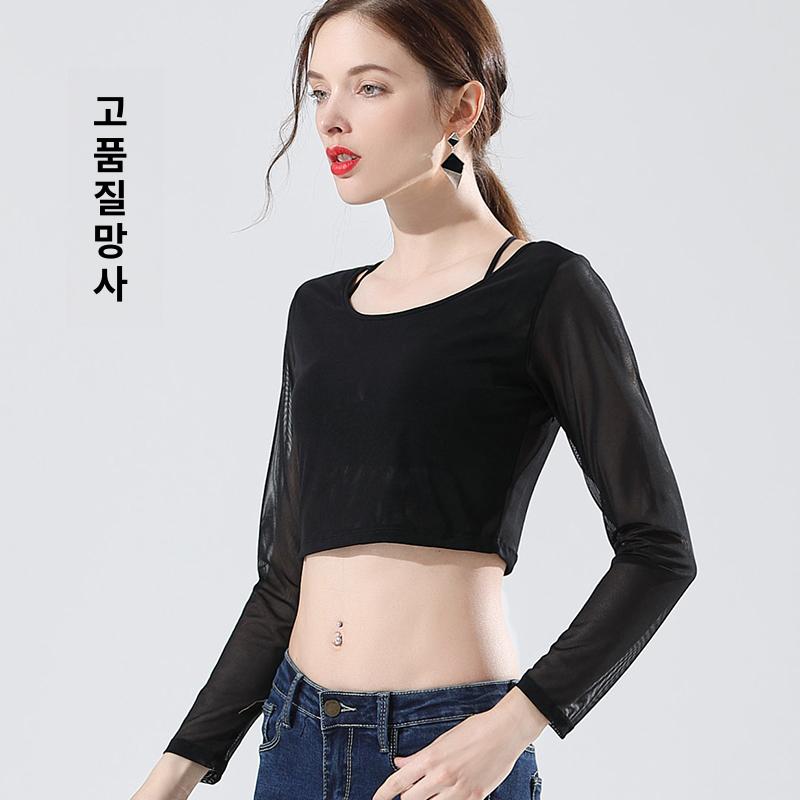 망사 여자 시스루 티셔츠 베이직 가을 이너 긴팔 타이트 레이어드 블랙 앞이중뒤단층 135 L - 상세 이미지 2