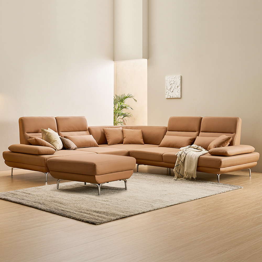 장인가구 스윙소파 푹신한 예쁜 프리미엄 비건레더 탄탄탄 쇼파 스툴포함, 가죽-베이지 (코너형), 7인용