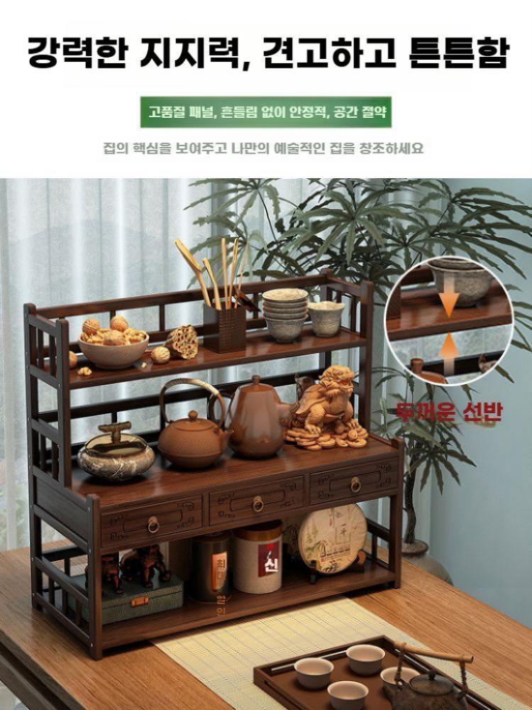 전통 찻상 진열대 테이블 선반 다도 찻잔 차도 원목 빈티지 사각 2단 66cm - 상세 이미지 3