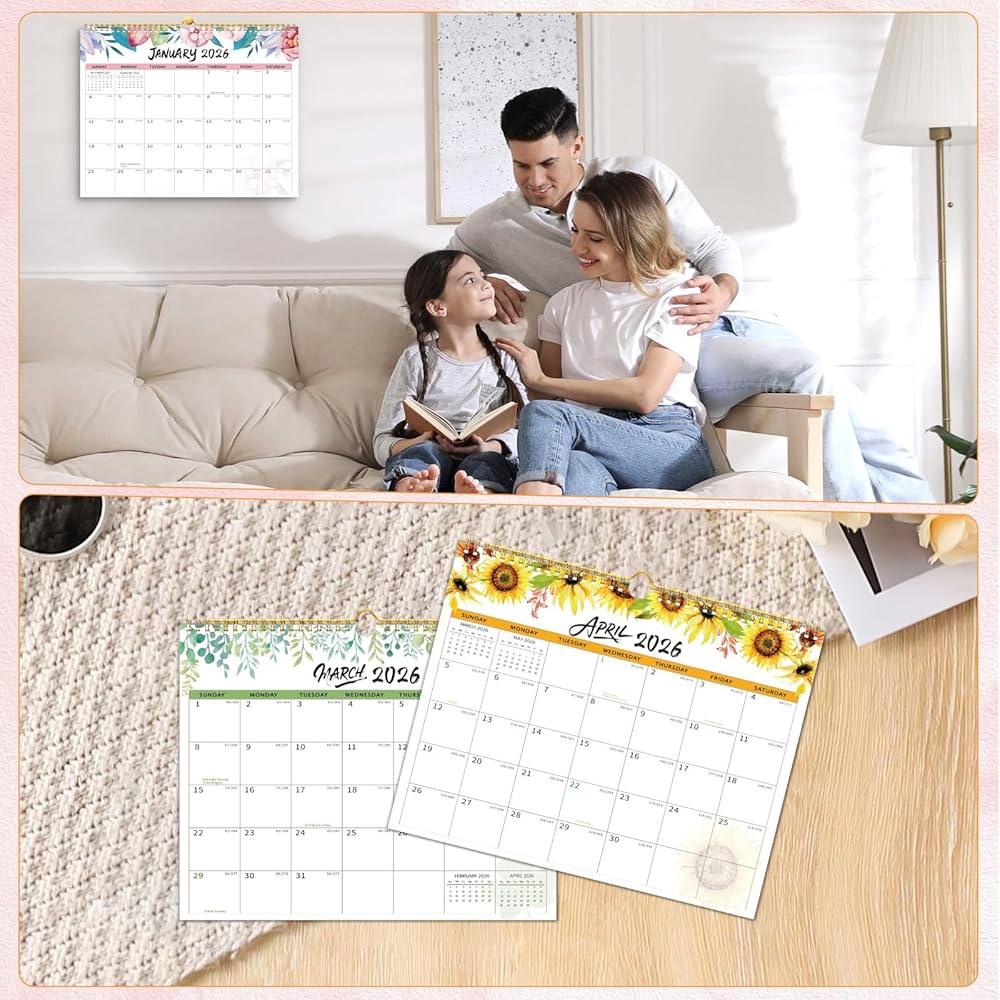 2026년 달력, 1월부터 12월까지 월간 29.2 사무실에 37.3cm(11.5 적합 프리미엄 있는 x 종이, 14.75인치), 와이어 꽃 후크, 트윈 걸이용 가정, 벽 바인딩이 - 상세 이미지 2