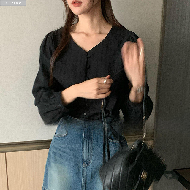로다 브이넥 허리끈 자수 블라우스 2col 겨울 봄 스트랩 루즈핏 면 청순 제이플로우 이미지 8