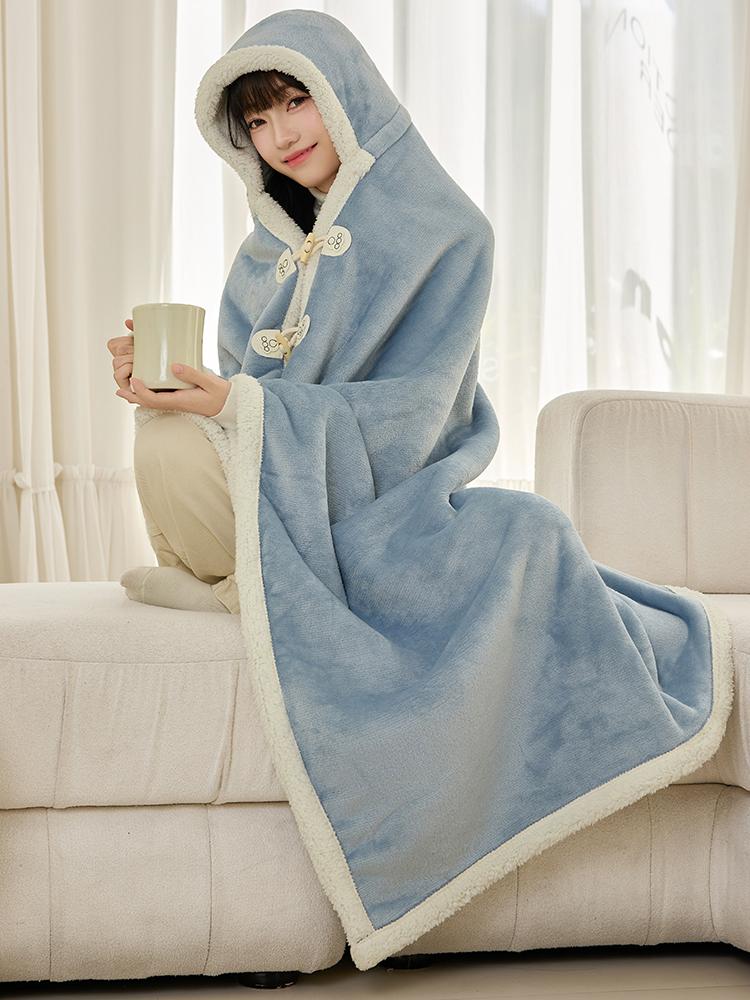 겨울용 후드 망토 담요 사무실 학생 낮잠 따뜻한 숄 외투 보온 방한 캠핑 나들이 그레이 - 상세 이미지 3