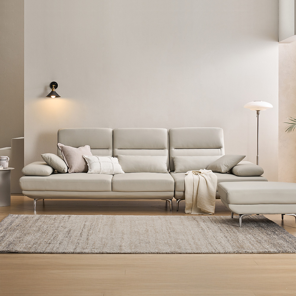 장인가구 스윙소파 푹신한 예쁜 프리미엄 비건레더 탄탄탄 쇼파 스툴포함, 가죽-베이지, 4인용