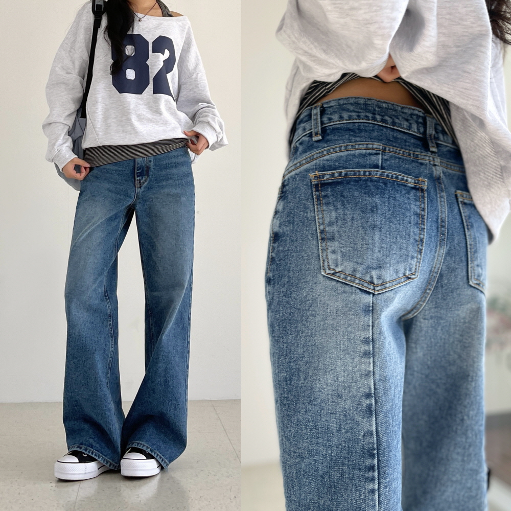 여성와이드청바지 봄 가을 빈티지워싱 중청바지 레나 백절개 와이드 데님팬츠 제품 이미지