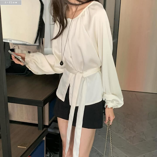 아텔 라운드 플리츠 허리끈 블라우스 2col 겨울 봄 버튼 루즈핏 고급 하객룩 제이플로우 이미지 7