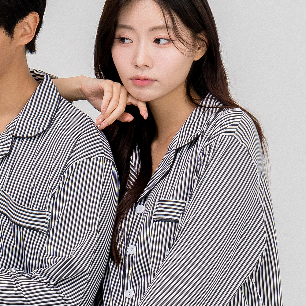 [2PACK] 커플 클래식 카라 피치기모 긴팔 파자마 홈웨어 세트 - 상품 이미지