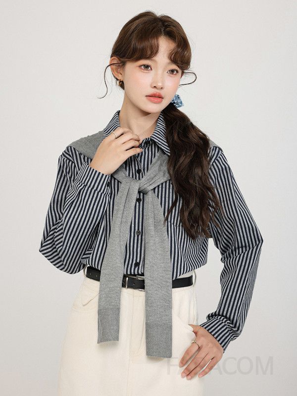 여성 캐주얼 데일리무드 세로 스트라이프 셔츠 카라 넥 라인 긴팔 크롭 블라우스 오피스룩 직장인룩 하객룩 코디 - 상세 이미지 4
