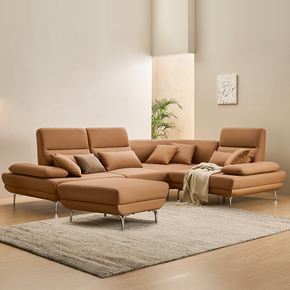 장인가구 스윙소파 푹신한 예쁜 프리미엄 비건레더 탄탄탄 쇼파 스툴포함, 가죽-베이지 (코너형), 5인용