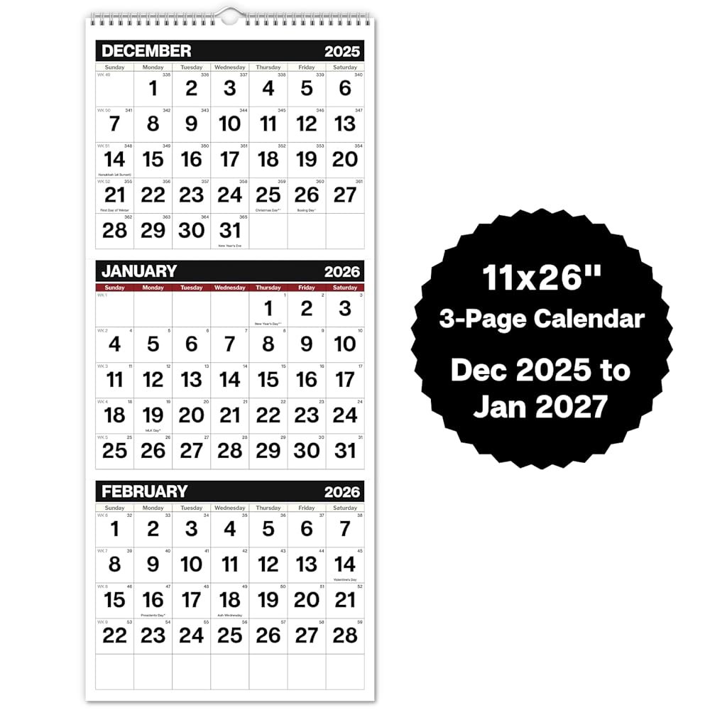 Dunwell 3개월 벽걸이 달력 2026, 12월까지 사무실 가정용, 2026년 또는 굵은 숫자가 쉬움, 26인치) 멀리서도 접힌 사용, 읽기 배송 크고 월간 있는 27.9 66 - 상품 이미지