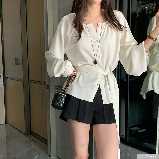 아텔 라운드 플리츠 허리끈 블라우스 2col 겨울 봄 버튼 루즈핏 고급 하객룩 제이플로우 - 상품 이미지