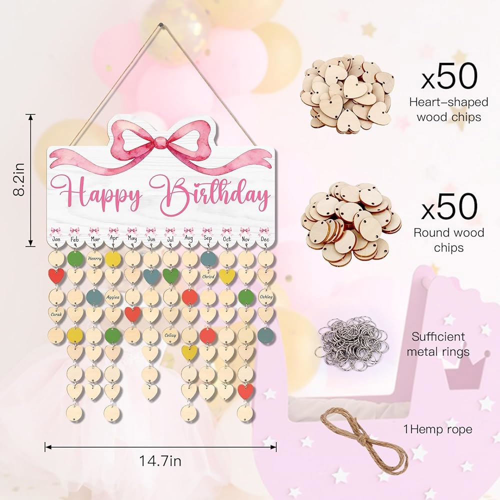 Zzbakress 생일 달력 벽걸이 가족 보드, 홈 거실 소박한 축하 오피스 DIY (핑크 리본) 나무 장식용 포함, 태그 명판, 알림 Inspiring - 상세 이미지 3