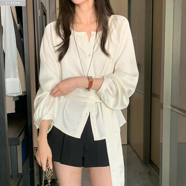 아텔 라운드 플리츠 허리끈 블라우스 2col 겨울 봄 버튼 루즈핏 고급 하객룩 제이플로우 이미지 6