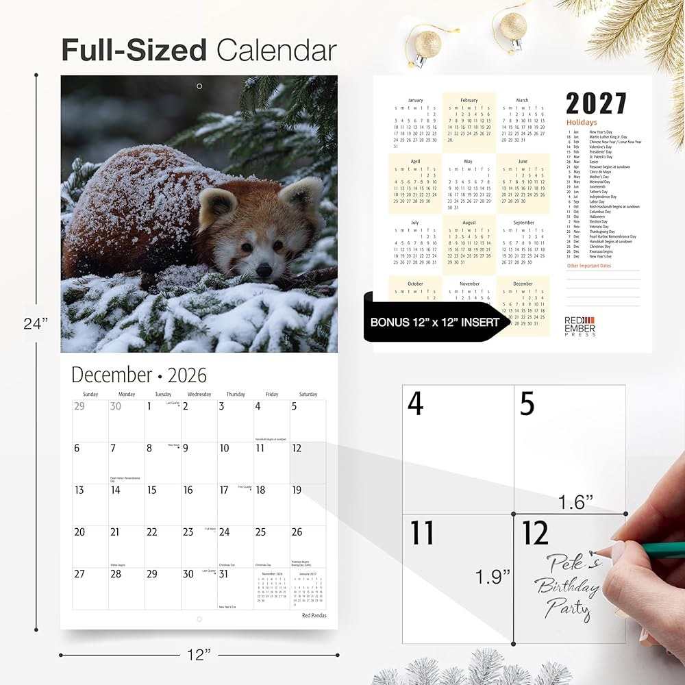 Red Pandas 2026 벽 달력 선물 30.5cm 때 펼쳤을 12개월 61cm(12인치 x 종이 24인치) 두껍고 튼튼한 01 - Red Pandas New 2026 - 상세 이미지 2