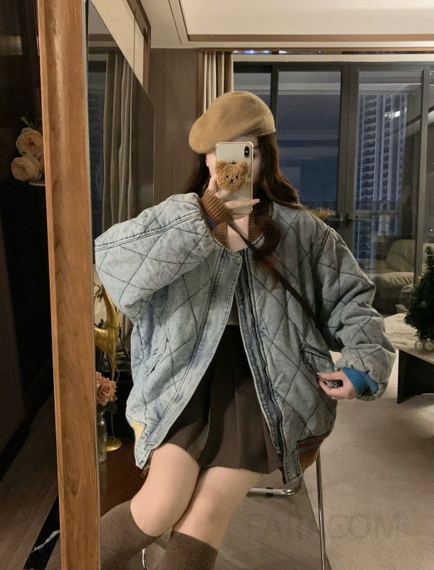 여성 빈티지 레트로 루즈핏 데님 패딩 퀼팅 패치워크 하이넥 지퍼 점퍼 자켓 아우터 스트릿 캐주얼 데일리 - 상세 이미지 2