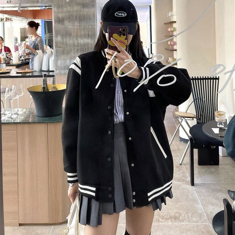 여성 캐주얼 데일리 루즈핏 모직 배색 스트라이프 버튼 바시티 스타디움 자켓 점퍼 야구점퍼 아우터 미디 코디 데이트룩 대학생 - 상품 이미지