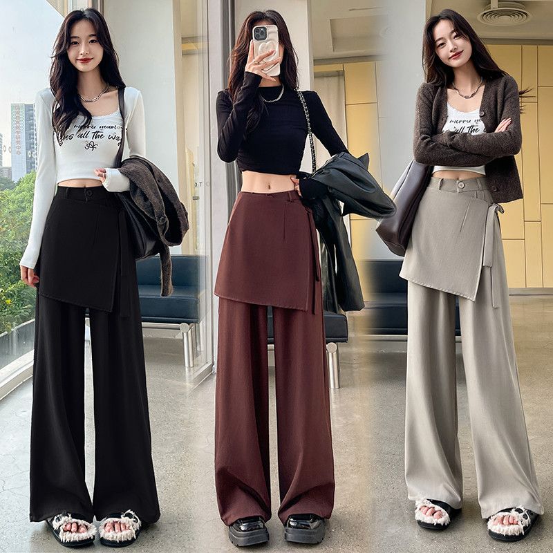 여성 오피스룩 데일리 하이웨스트 와이드 핏 랩 디테일 폴리에스터 롱 슬랙스 통바지 정장바지 체형커버 하객룩 - 상품 이미지