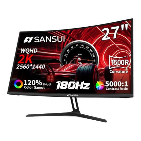 Sansui [해외]SANSUI 27인치 WQHD 2560X1440 곡선형 게이밍 모니터, 180Hz MPRT 1ms 컴퓨터 HDMI2.0 x 2, DP1.2 프리동기화, 1500R, 5000