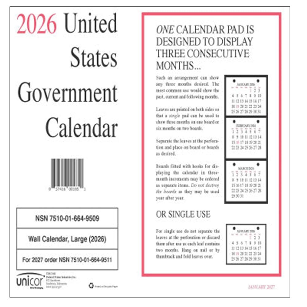 Unicor 2026, 미국 정부 월간 9,12-월(1월에서 개별 12월까지) 달력, 월 11 x 수량=2, - 상품 이미지