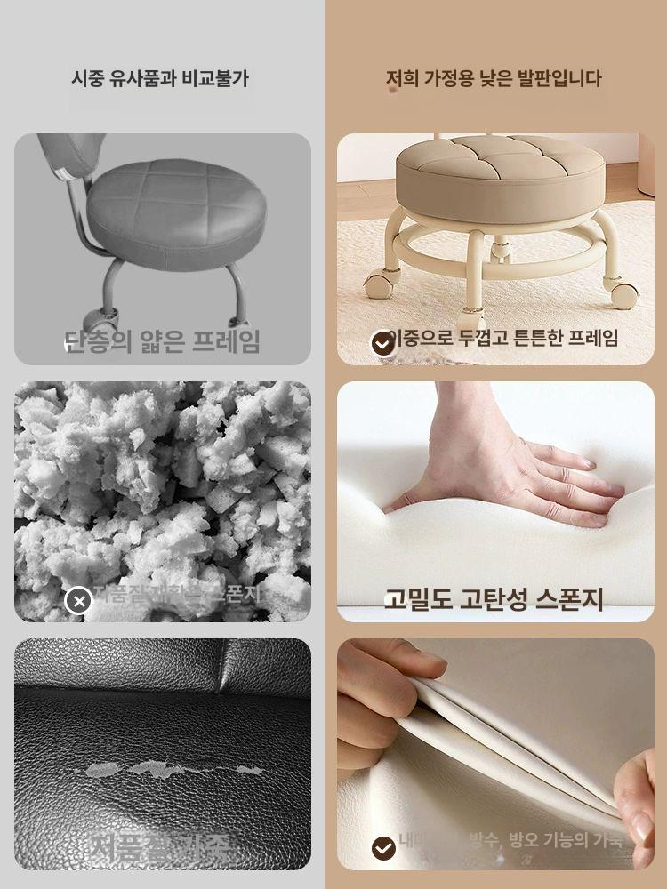 바퀴달린 낮은 의자 둥근 인테리어 걸레 청소 바퀴스툴 등받이 업그레이드 소프트 두꺼운 카키 등받이 - 상세 이미지 3