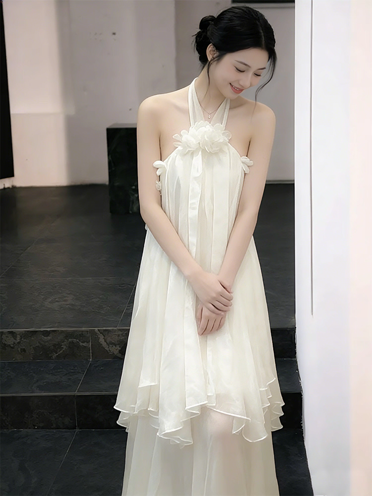 홀터넥 플라워 쉬폰 레이어드 촬영의상 셀프웨딩 드레스 - 상세 이미지 4