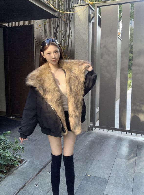 여성 레트로 빈티지 루즈핏 도톰한 퍼 배색 세일러 카라 지퍼 숏 점퍼 자켓 데일리룩 스트릿 무드 아우터 상의 - 상세 이미지 3