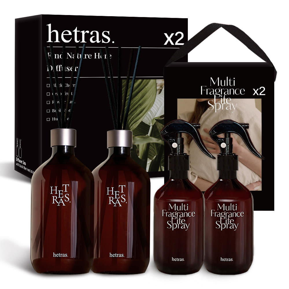 헤트라스 헤트라스 프리미엄 대용량 디퓨저 500ml 2개 + 멀티스프레이 섬유탈취제 300ml 2개 선물세트