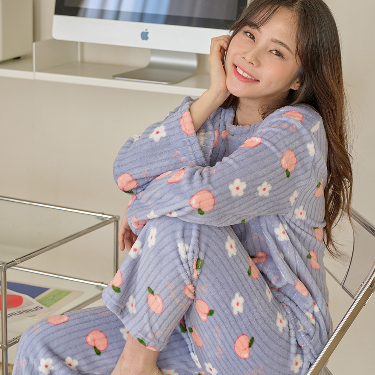 극세사 피치 밍크융털 수면잠옷 복숭아 잠옷 상하의세트 제품 이미지