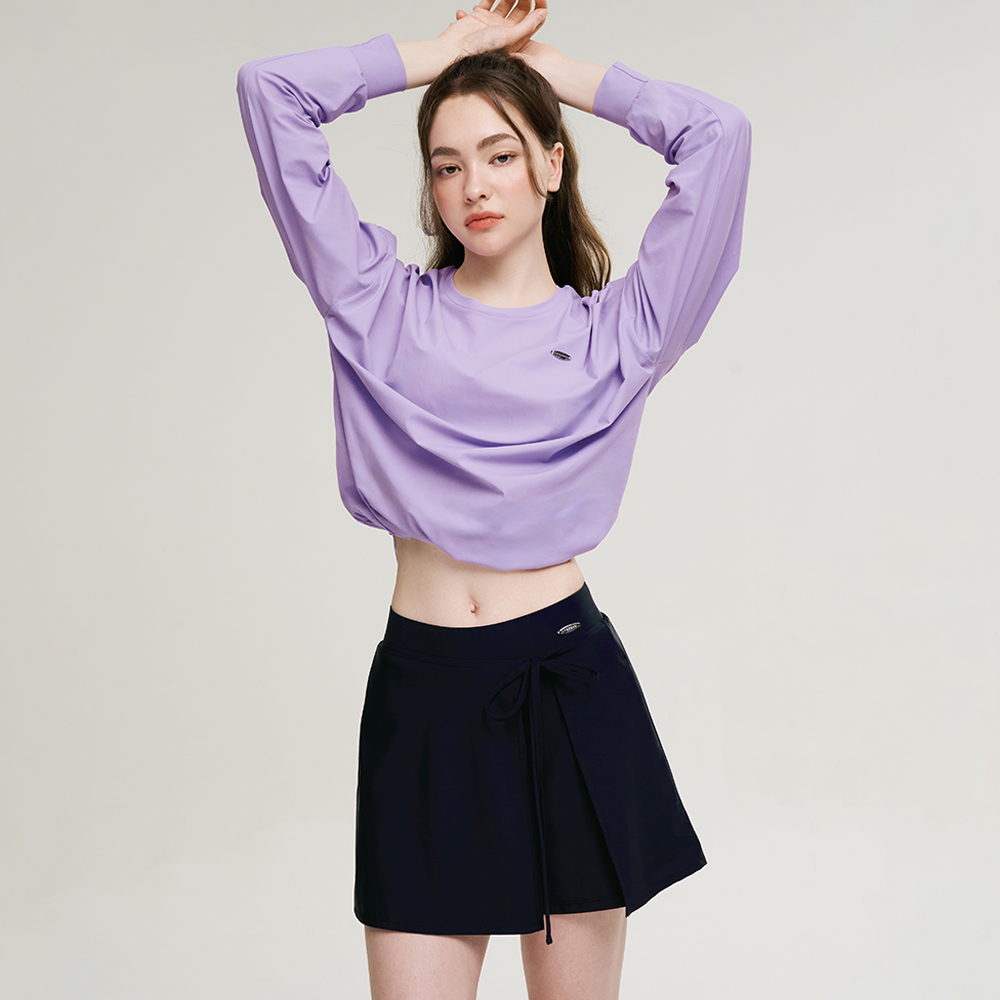 여성 에어파스텔 스트링 긴팔 래쉬가드 랩스커트 상하세트 체형커버 루즈핏 라벤더 - 상세 이미지 4