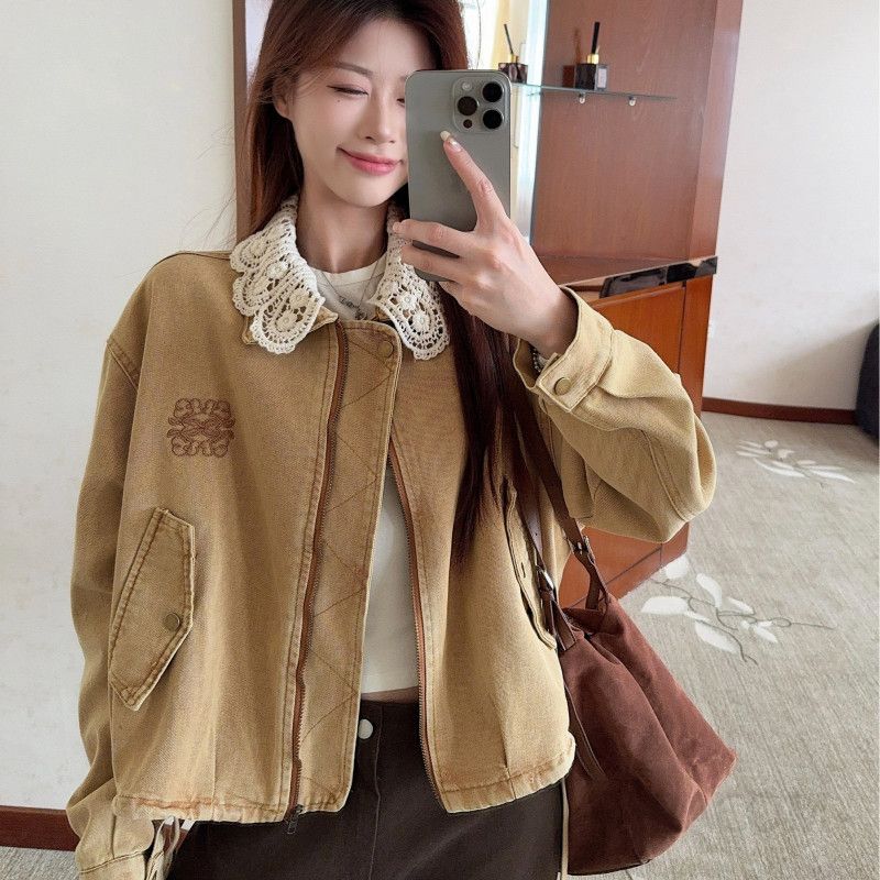 여성 빈티지 데일리 루즈핏 데님 레이스카라 포인트 자수 포켓 집업 자켓 면 혼방 아우터 캐주얼 - 상품 이미지
