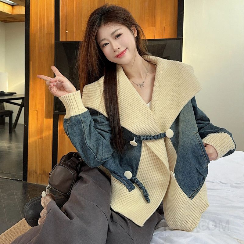 여성 빈티지 캐주얼 오버핏 데님 패치워크 니트 배색 집업 자켓 와이드 팬츠 데일리룩 유니크 하이웨스트 데님팬츠 코디 - 상품 이미지