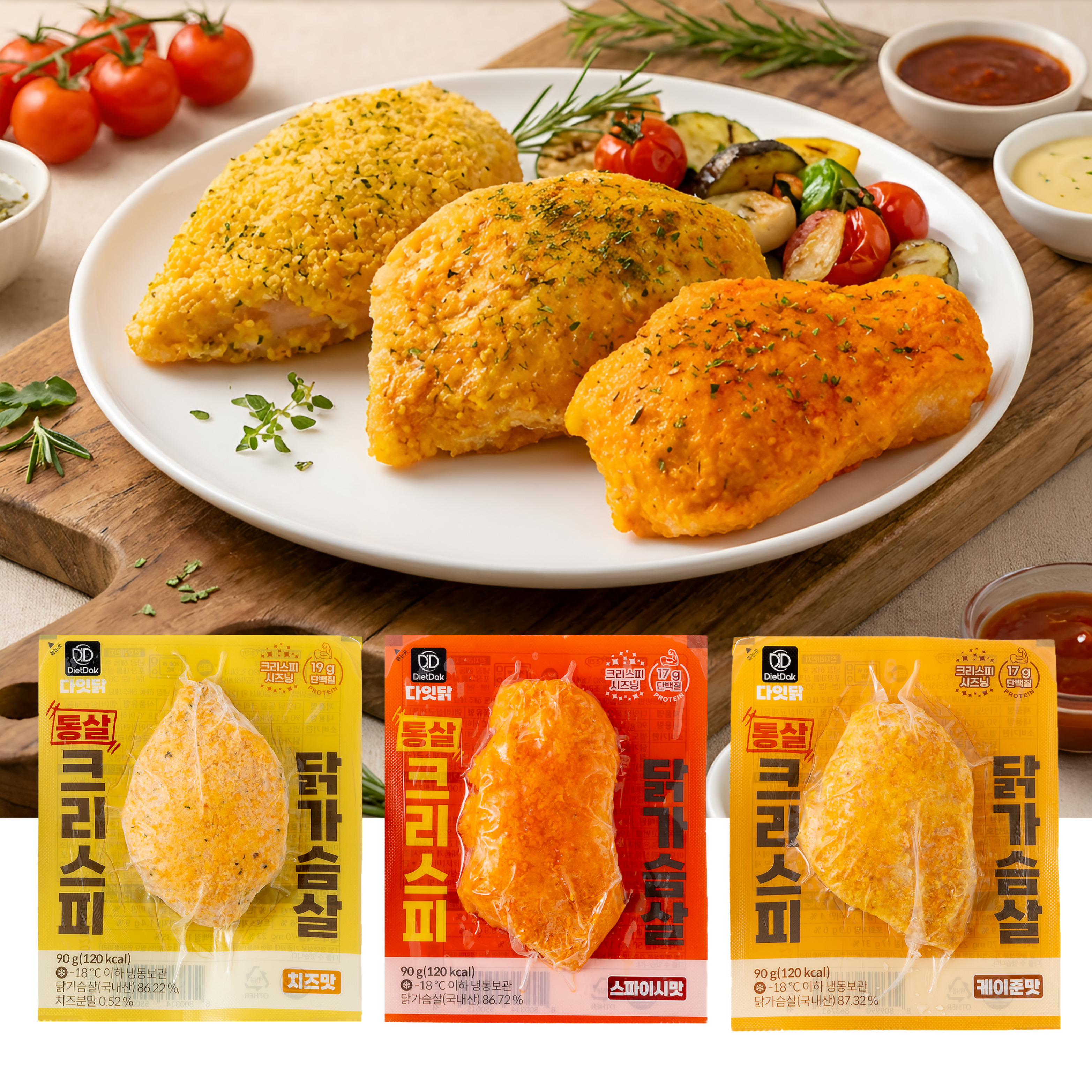 다잇닭 통살 크리스피 닭가슴살 3종 혼합, 90g, 60개 - 상품 이미지